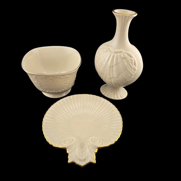 Lenox Other - Lot of 3 Lenox Dish Hand-Decorated 24K Gold Textured Bowl & Shell-Inspired Vase